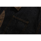Men's Boxy Denim Work Jacket with Cord Collar, Flap Pockets and Elbow Patches Fashion Glam