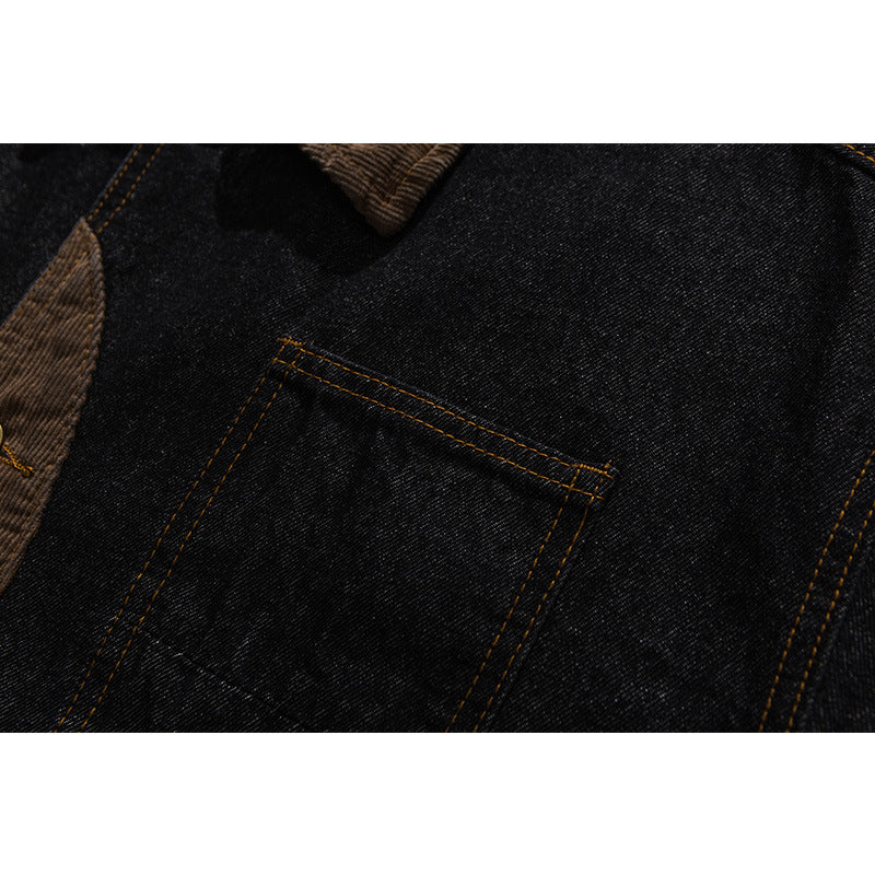Men's Boxy Denim Work Jacket with Cord Collar, Flap Pockets and Elbow Patches Fashion Glam