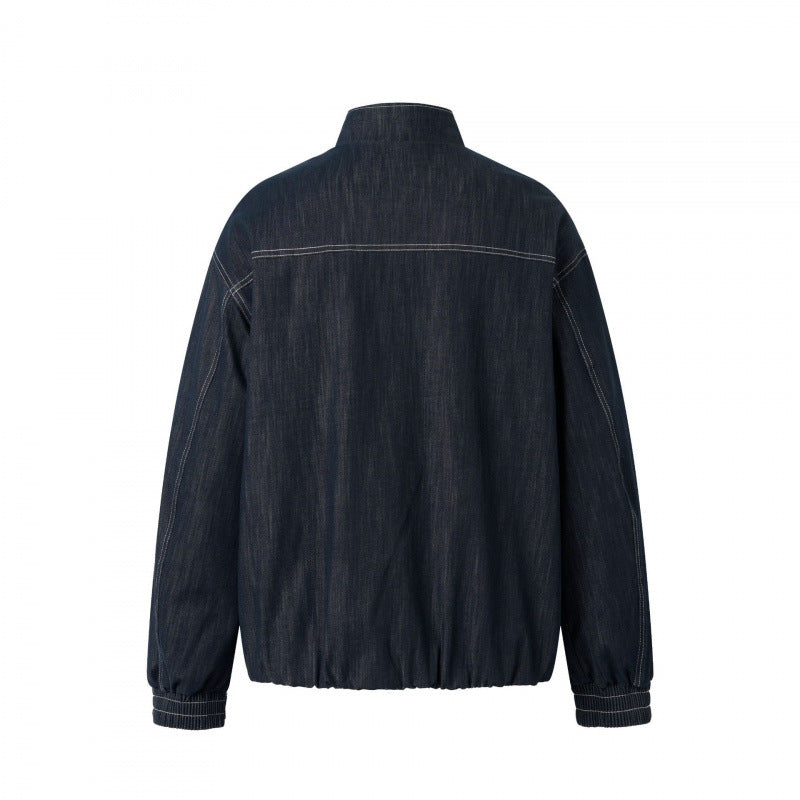 Unisex Boxy Jeans Bomber Jacket with Stand Collar, Zipper and Elastic Hem Fashion Glam