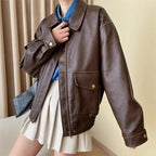 Women's Oversized Faux Leather Bomber Jacket with Shirt Collar, Zipper and Snap Button Cuffs Fashion Glam