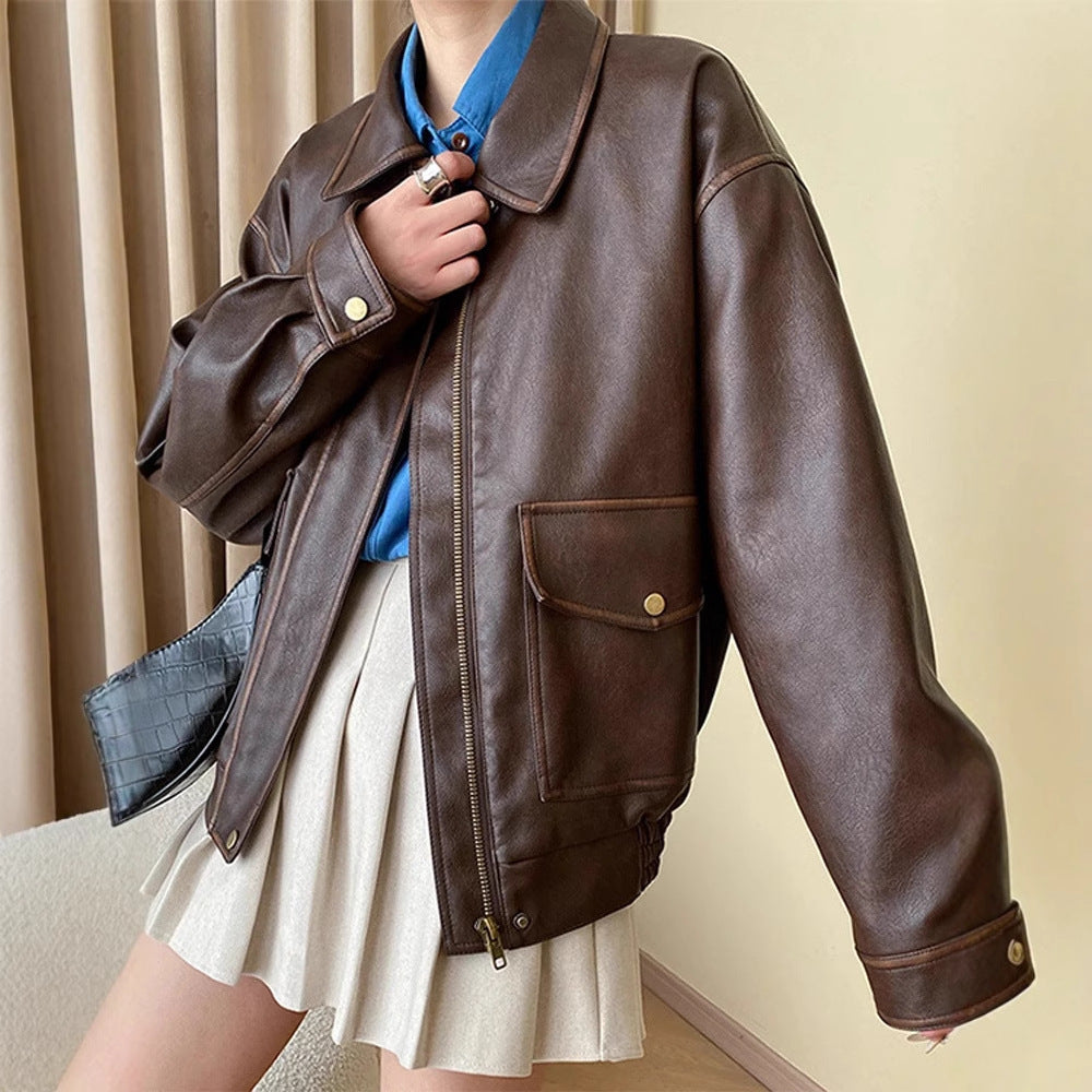 Women's Oversized Faux Leather Bomber Jacket with Shirt Collar, Zipper and Snap Button Cuffs Fashion Glam