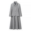 Women's two-piece wool blend suit with fitted short blazer and A-line midi skirt Fashion Glam