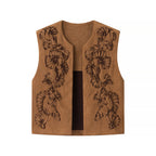 Ladies Embroidered Suede-Look Vest with Three-Dimensional Flower Appliqué Fashion Glam