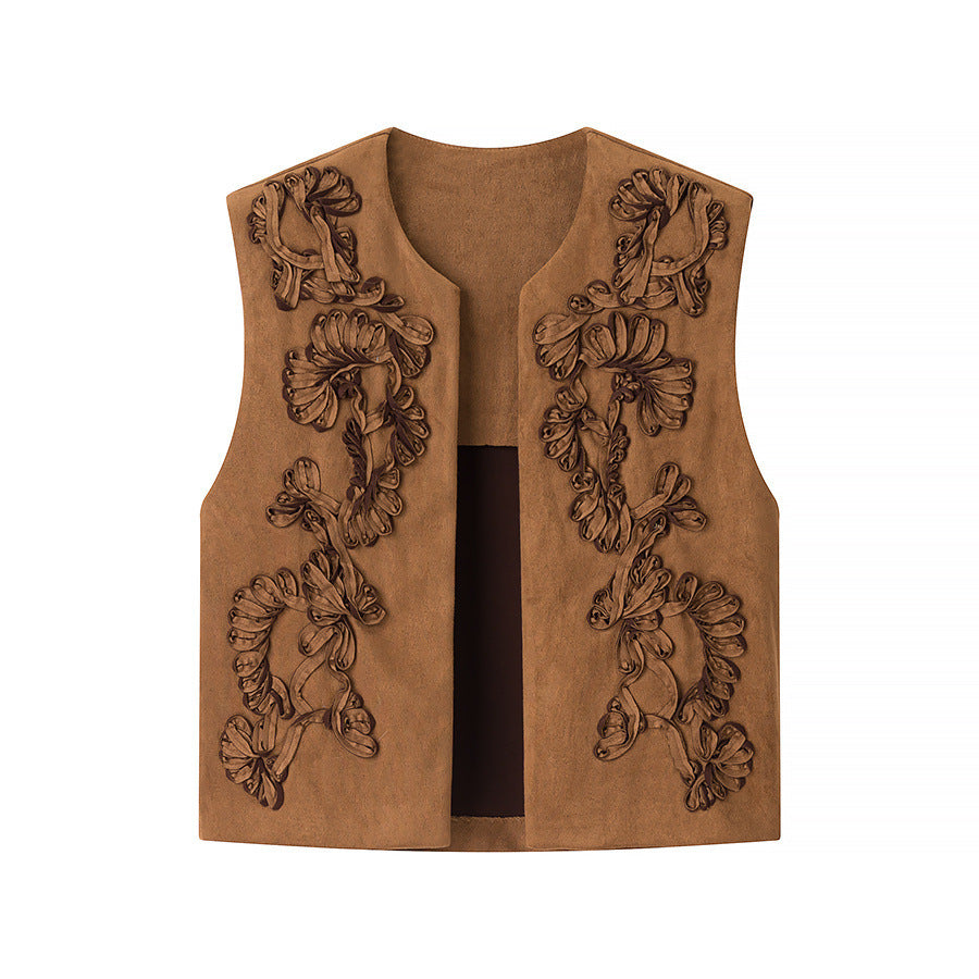 Ladies Embroidered Suede-Look Vest with Three-Dimensional Flower Appliqué Fashion Glam