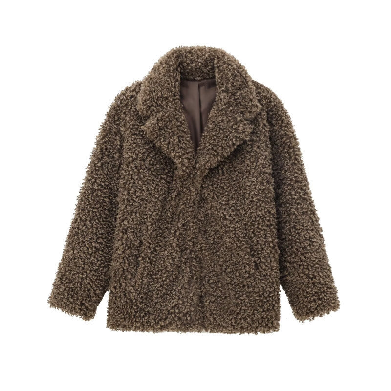 Women's Oversized Faux Fur Teddy Jacket with Shawl Collar and Lined Interior Fashion Glam