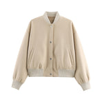Ladies short boxy bomber jacket with ribbed collar, snap button closure, and pockets Fashion Glam