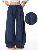 Women's Loose Cord Pants with Elastic Waistband, Drawstring, and Side Pockets Fashion Glam