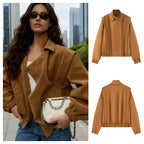 Women's short bomber-style jacket with stand-up collar and asymmetrical snap button placket Fashion Glam