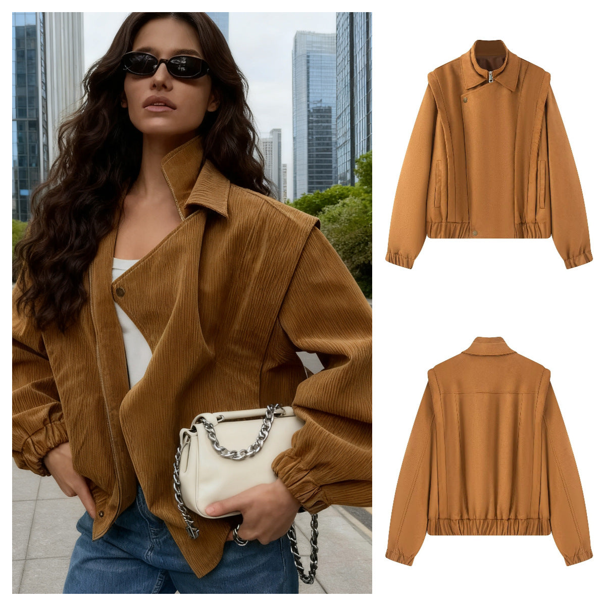 Women's short bomber-style jacket with stand-up collar and asymmetrical snap button placket Fashion Glam