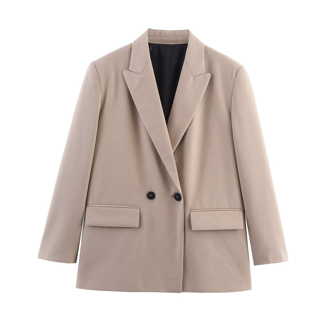 Women's Double-Breasted Blazer with Lapel Collar, Longer Oversized Cut and Flap Pockets Fashion Glam
