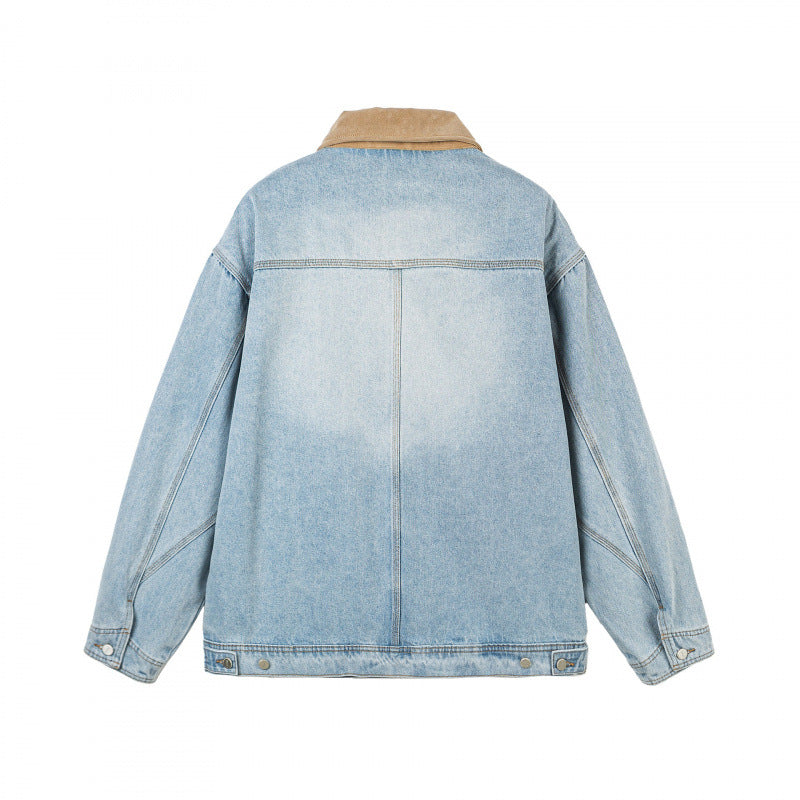 Men's Oversized Denim Jacket with Cord Collar and Diagonal Chest Pocket Detail Fashion Glam