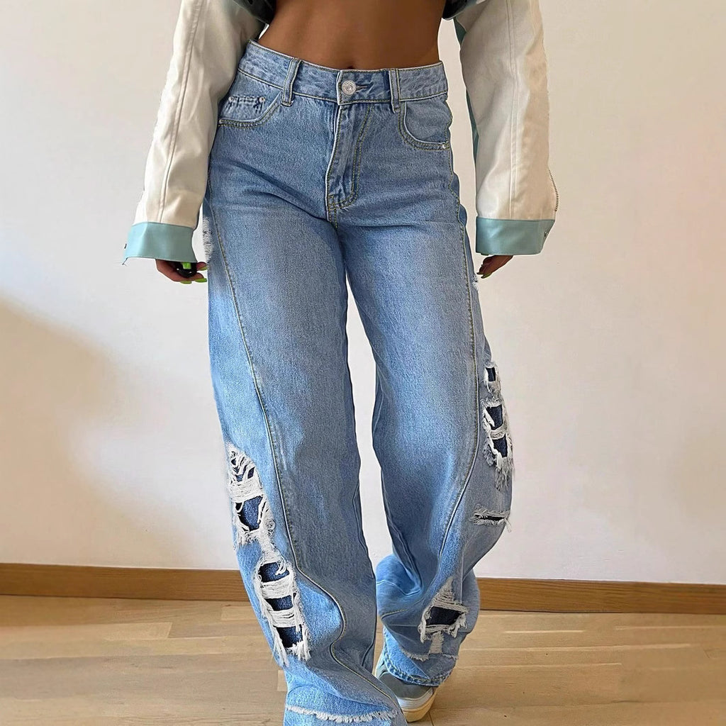 Ladies wide Destroyed jeans with side cutouts and contrasting underlays Fashion Glam