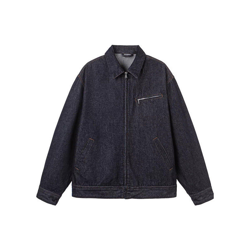 Men's Boxy Denim Jacket with Full Zip, Chest Zip Pocket and Shirt Collar Fashion Glam