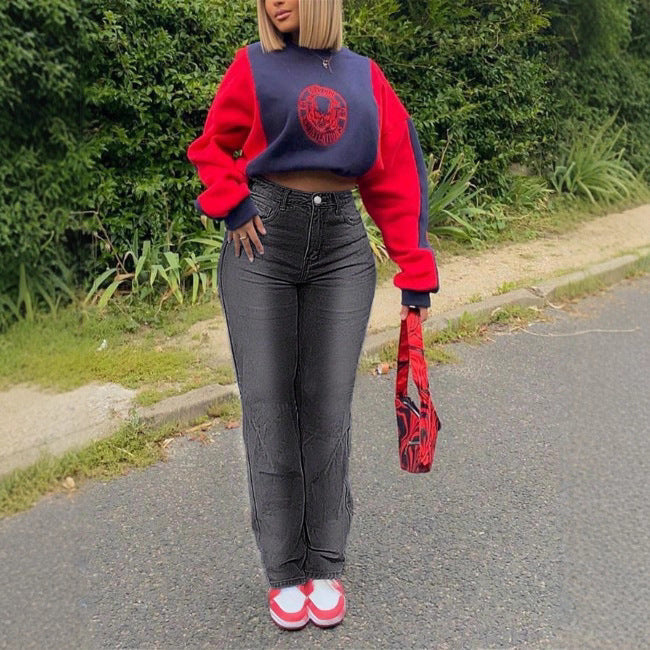 Women's high-waisted straight denim pants with shaping waistband and longer leg Fashion Glam