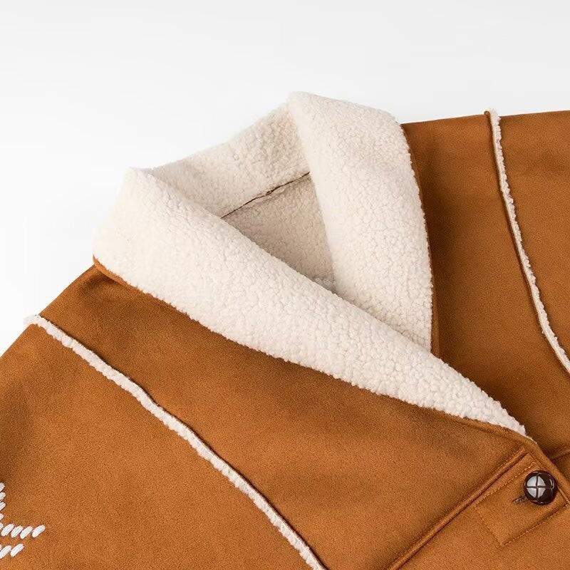 Women's Embroidered Fleece-Lined Shirt Jacket with Shawl Collar and Patch Pockets Fashion Glam