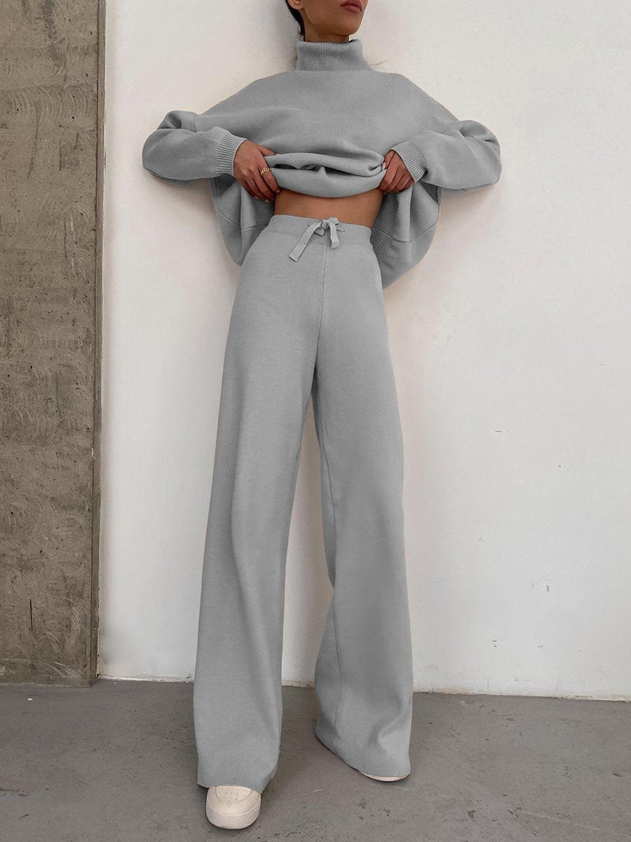 Women Wide Knit Pants with High Waist, Drawstring, and Wide Leg Fashion Glam
