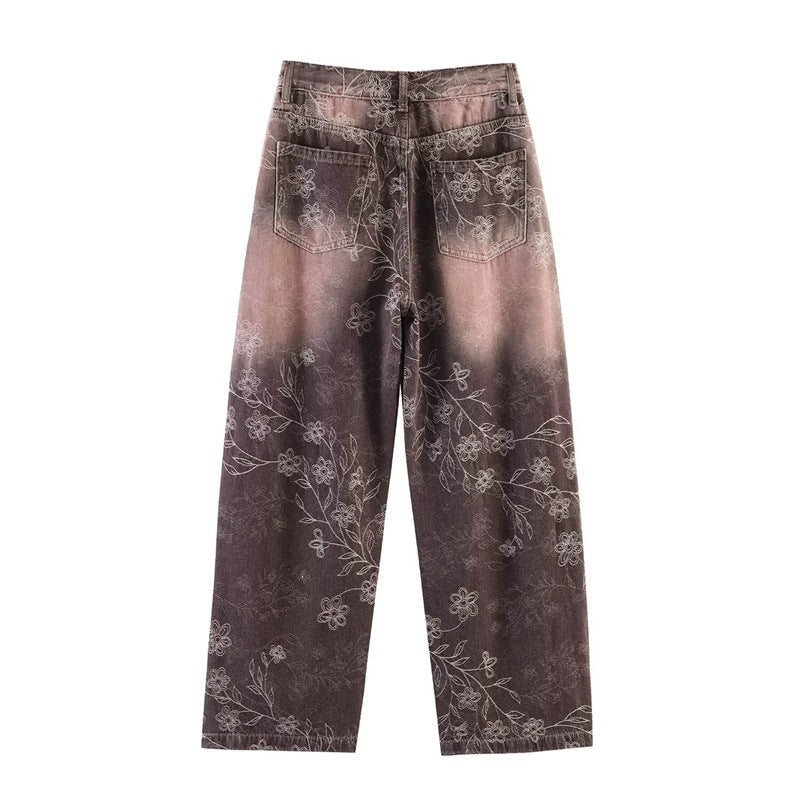 Women's High-Waist Jeans with Wide Leg, Floral Vintage Print and Five-Pocket Cut Fashion Glam