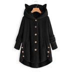 Women's Hooded Teddy Coat with Cat Ears, Button Placket and Asymmetrical Hem Fashion Glam