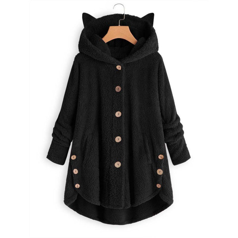 Women's Hooded Teddy Coat with Cat Ears, Button Placket and Asymmetrical Hem Fashion Glam