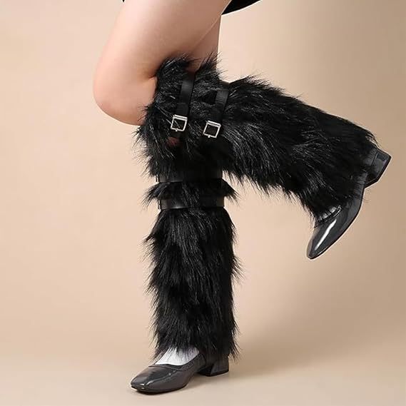 Women's Long Faux Fur Leg Warmers with Adjustable Buckles and Platform Cuffs Fashion Glam