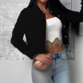 Women short-cut fitted denim jacket with full button placket and shirt collar Fashion Glam