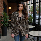 Women's leopard pattern longline blazer with falling lapel, single-button placket, and flap pockets Fashion Glam