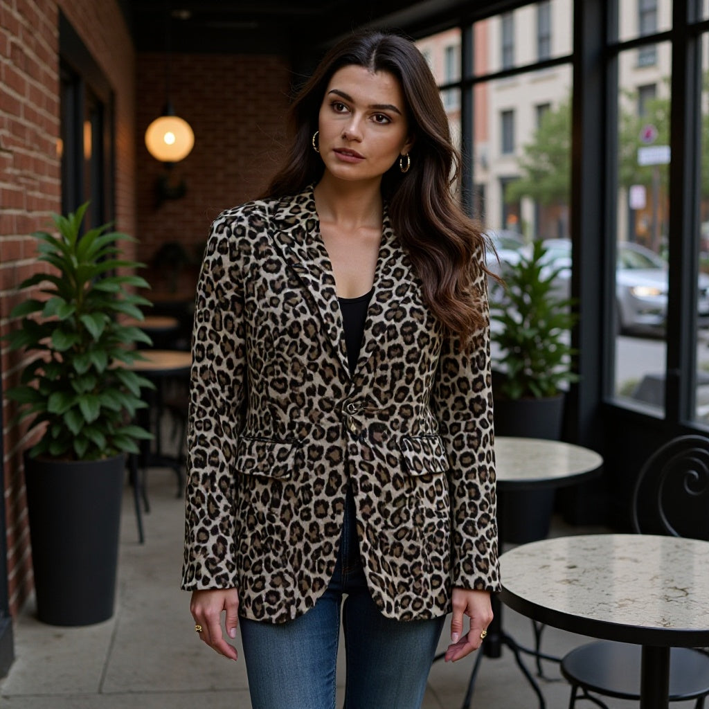 Women's leopard pattern longline blazer with falling lapel, single-button placket, and flap pockets Fashion Glam