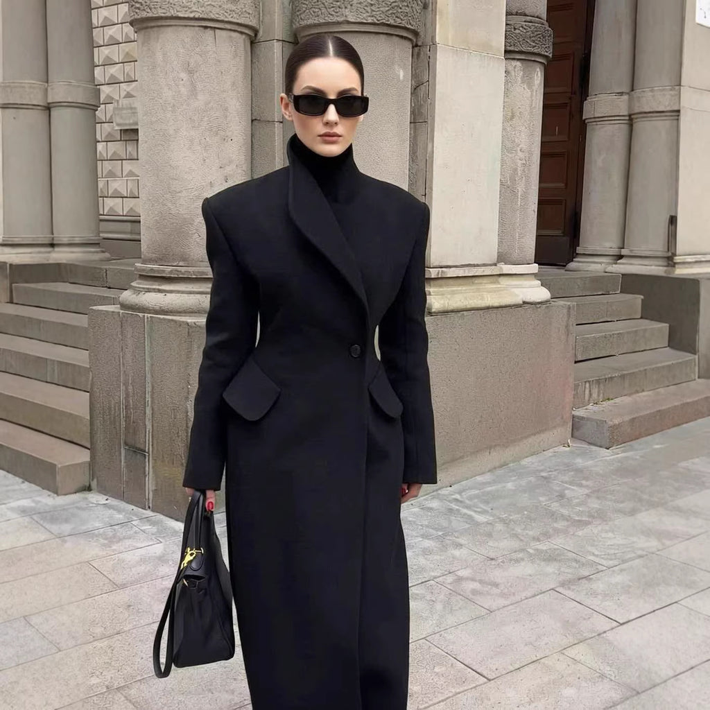 Women Tailored Long Coat with distinctive shoulder pads and asymmetric lapel Fashion Glam
