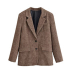 Women's Oversize Tweed Blazer with Houndstooth Pattern and Flap Pockets Fashion Glam