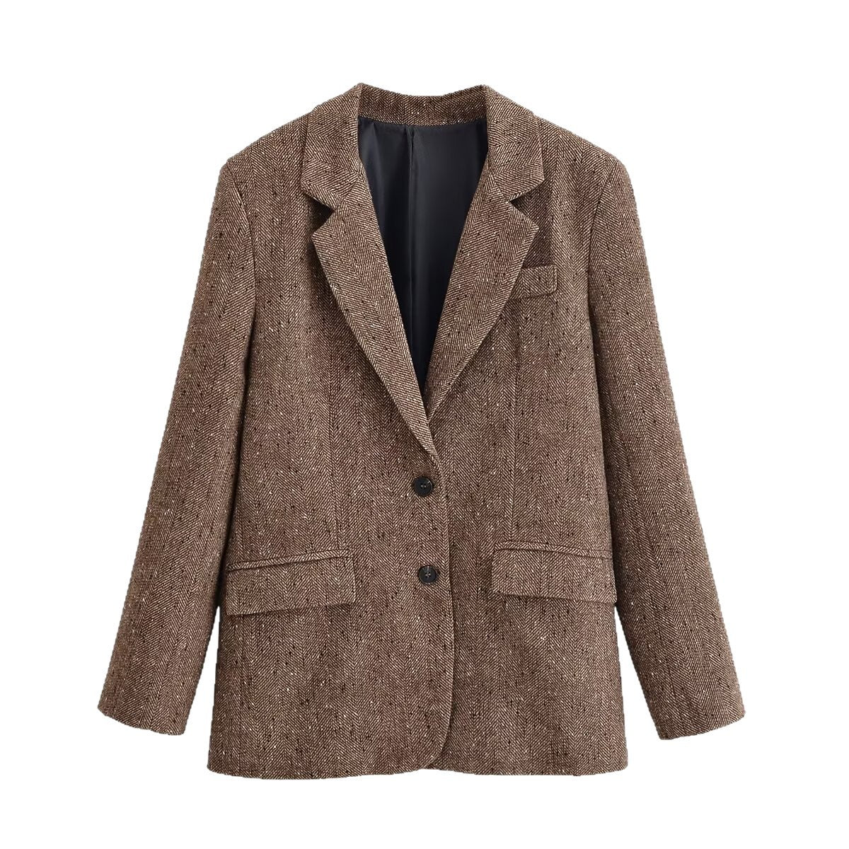 Women's Oversize Tweed Blazer with Houndstooth Pattern and Flap Pockets Fashion Glam