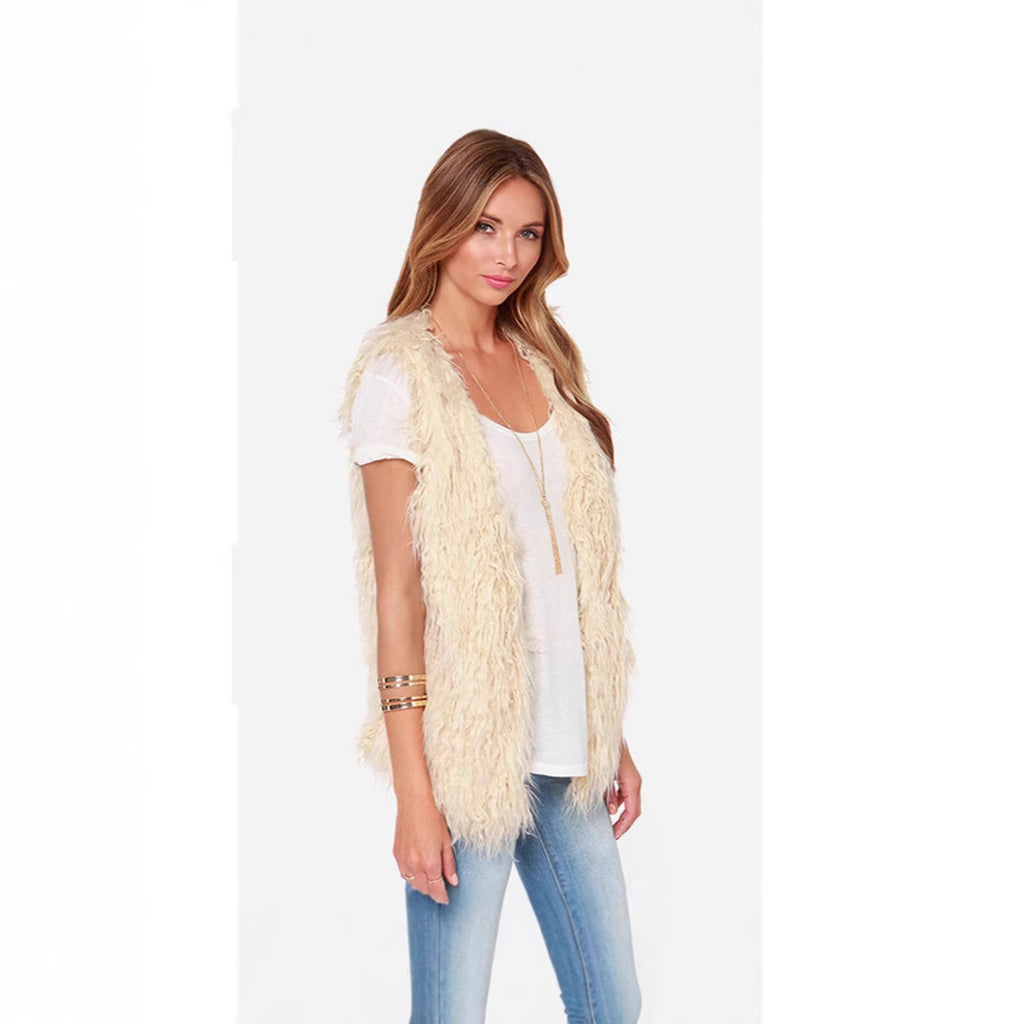 Women Sleeveless Shaggy Faux Fur Vest with Long Pile and Open Hem Fashion Glam