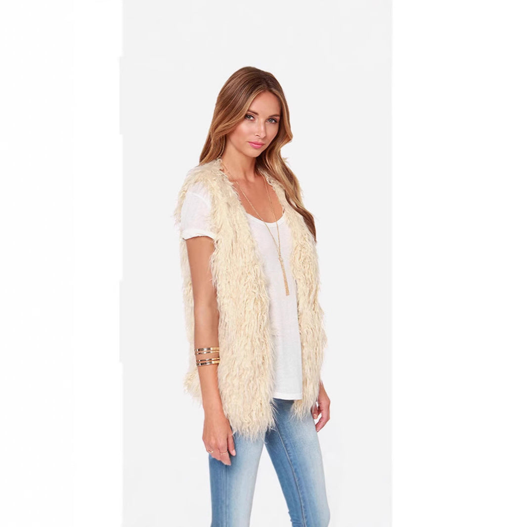 Women Sleeveless Shaggy Faux Fur Vest with Long Pile and Open Hem Fashion Glam