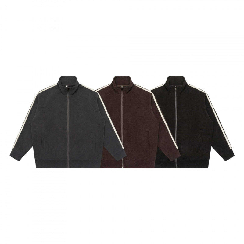 Unisex Oversize Teddy fleece Zipped jacket with stand-up collar and contrast stripes Fashion Glam