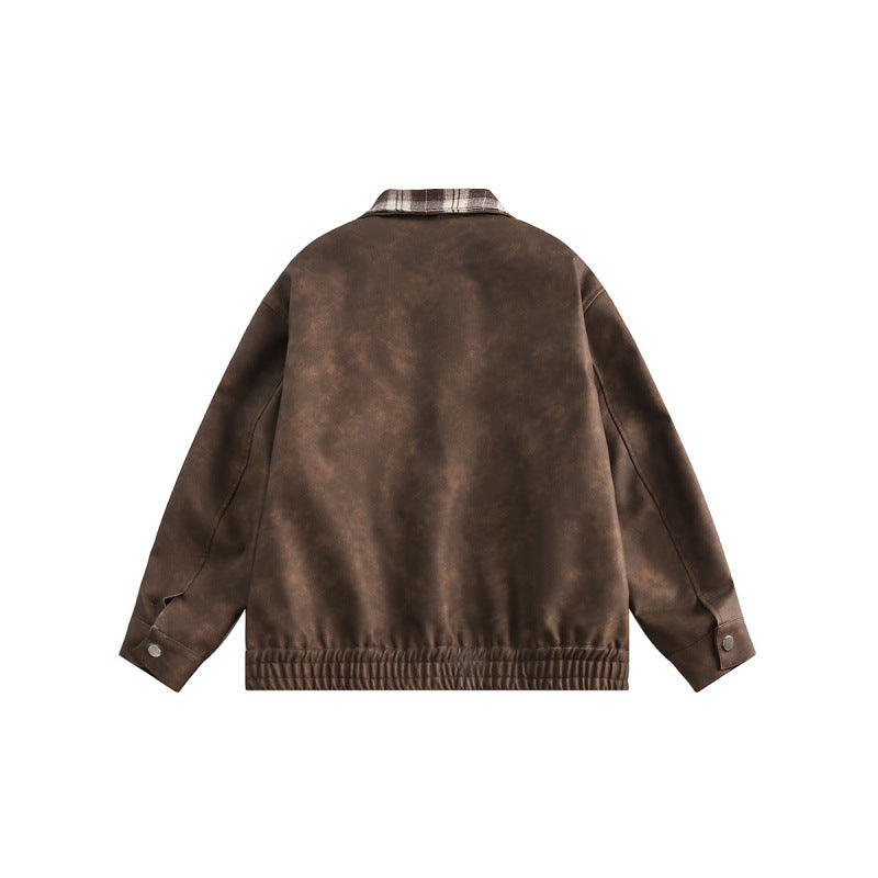 Men's suede look bomber jacket with checked shirt collar, flap pockets, and elastic hem Fashion Glam