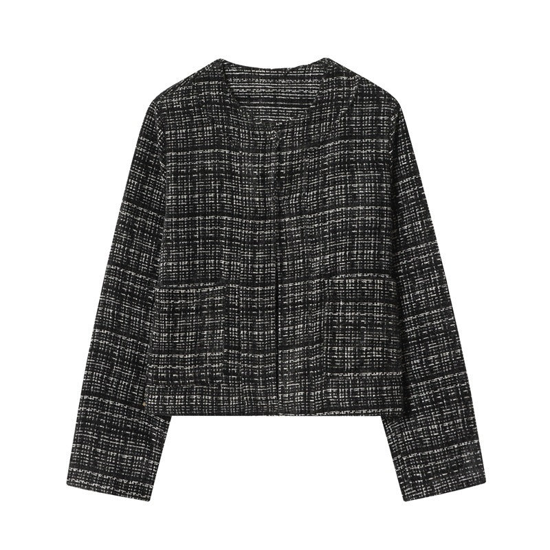 Women's Boxy Tweed Jacket in Boucle Look with Concealed Button Placket and Boxy Silhouette Fashion Glam