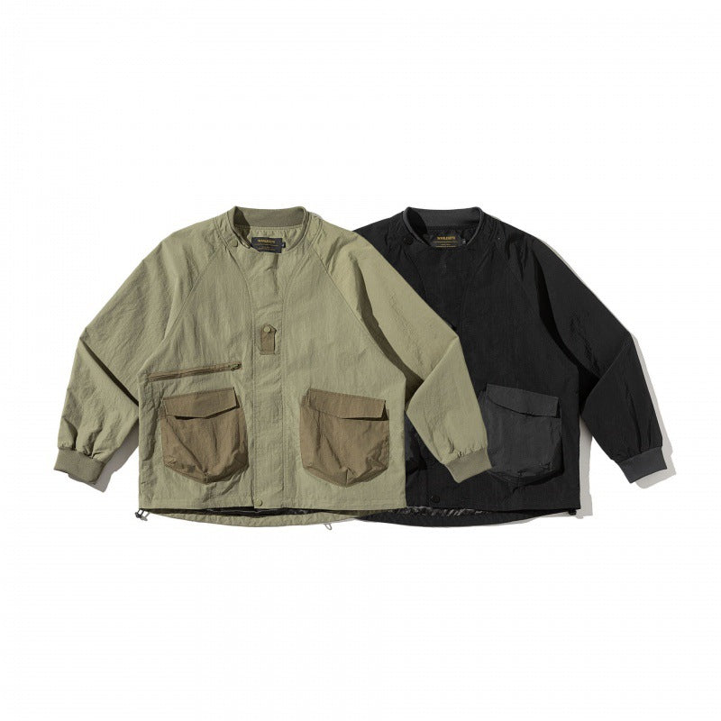 Unisex Short Cut Boxy Utility Over Jacket with Raglan Sleeves, Patch Pockets and Drawstring Hem Fashion Glam
