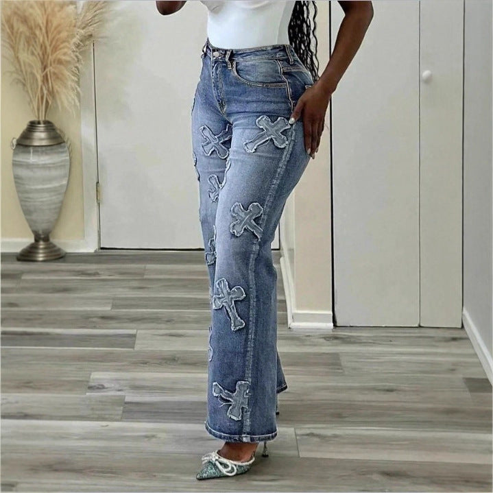 Women High-Waisted Straight-Leg Jeans with Fringed Cross Applications Fashion Glam