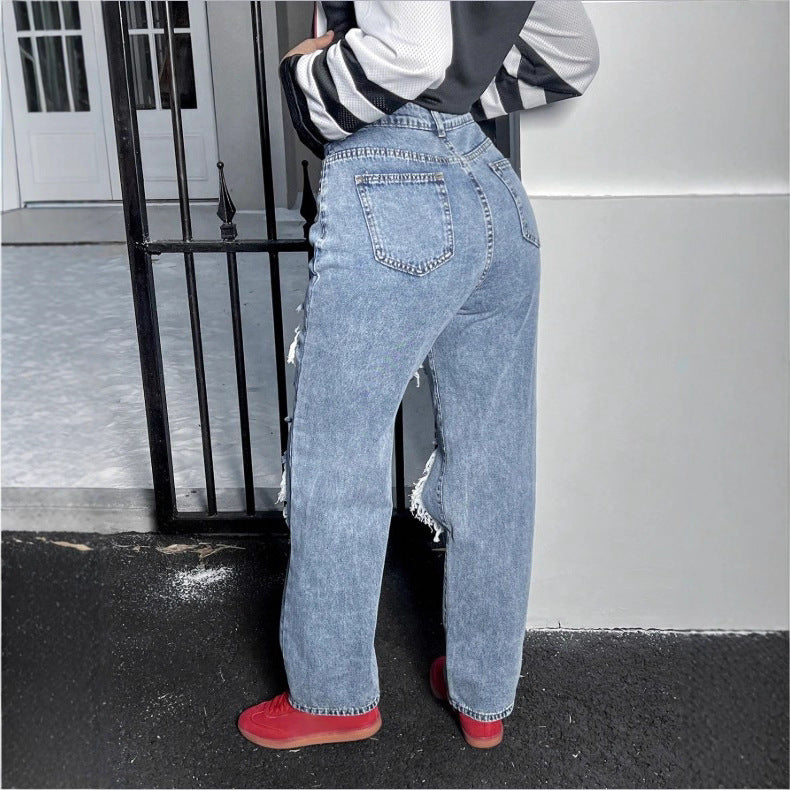 Womens High-Waisted Destroyed Baggy Jeans with Wide Leg and Knee Rips Fashion Glam