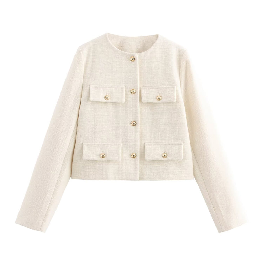 Women Short-Cut Boucle Blazer with Round Neckline, Four Flap Pockets and Gold Decorative Buttons Fashion Glam