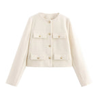 Women Short-Cut Boucle Blazer with Round Neckline, Four Flap Pockets and Gold Decorative Buttons Fashion Glam