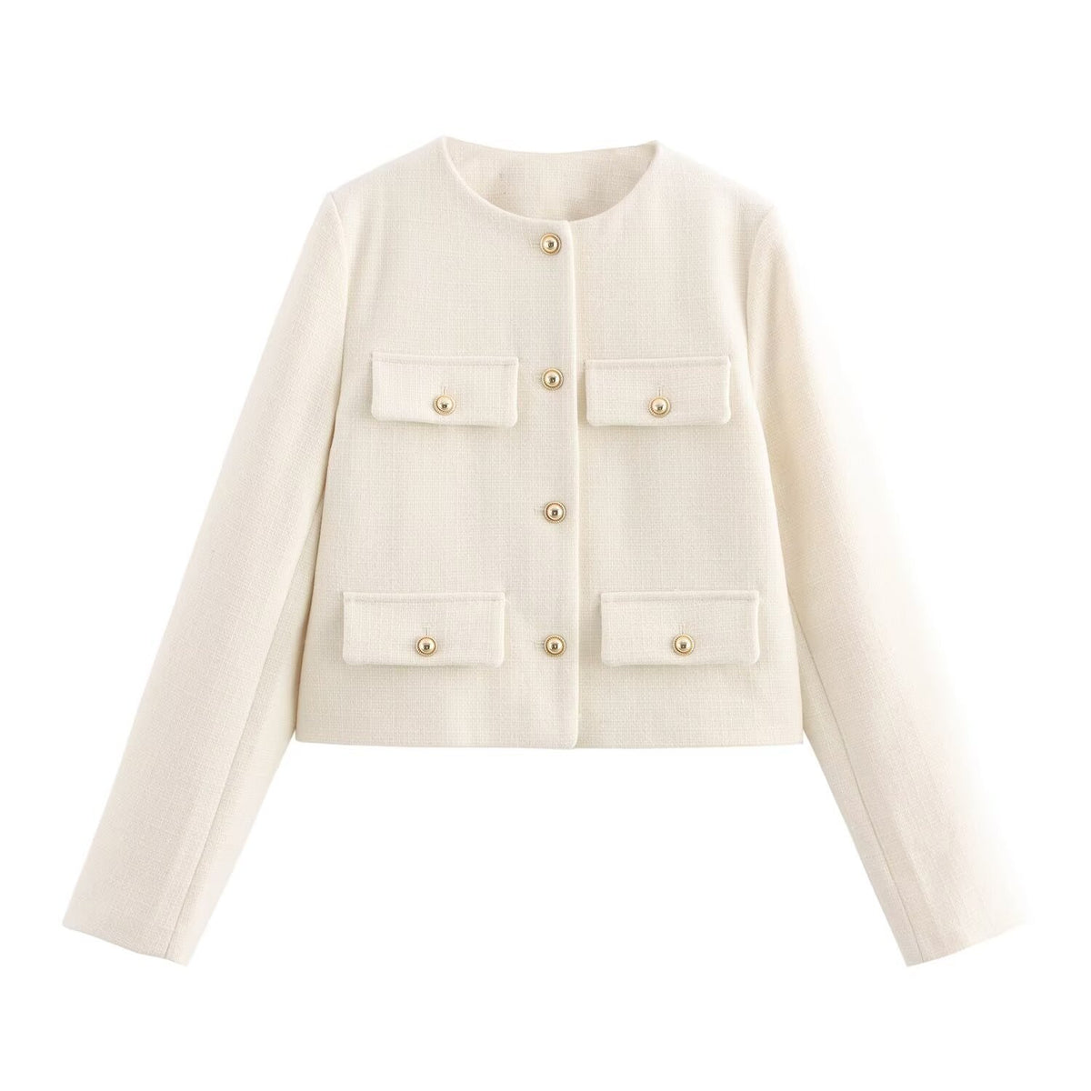 Women Short-Cut Boucle Blazer with Round Neckline, Four Flap Pockets and Gold Decorative Buttons Fashion Glam