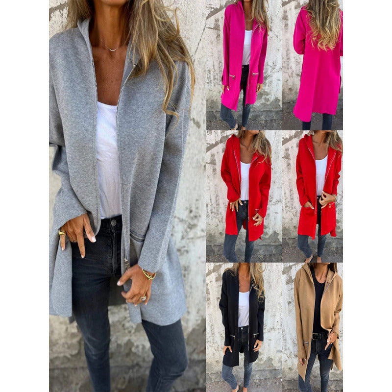 Women's Mid-Length Coat with Full Zipper and Zipper Pocket Details Fashion Glam