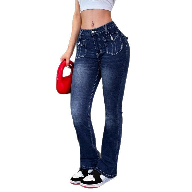 Women's High-Waisted Stretch Jeans with Light Flare and Decorative Pockets Fashion Glam