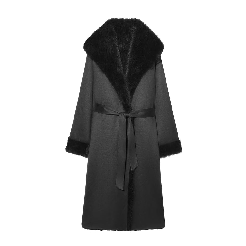 Women longer coat with faux fur trim and tie belt Fashion Glam