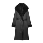 Women longer coat with faux fur trim and tie belt Fashion Glam