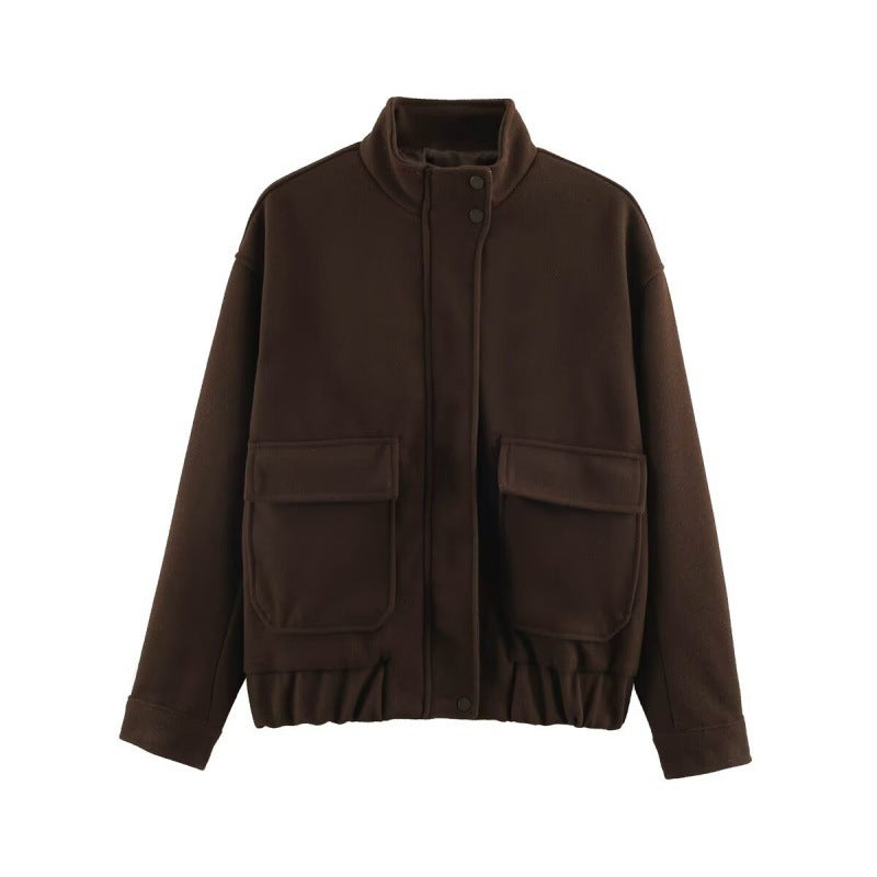 Women's Boxy Wool Blouson with Stand-up Collar, Large Flap Pockets and Elastic Hem Fashion Glam