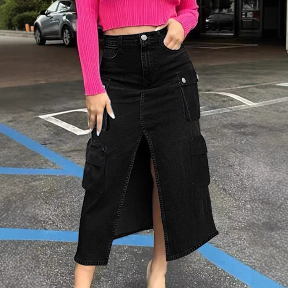 Women high waist cargo denim midi skirt with front slit and flap pockets Fashion Glam
