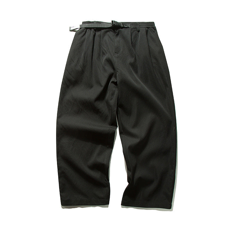 Men's Wide Cut Relaxed Pants with Elastic Waistband, Pleats and Integrated Woven Belt Fashion Glam