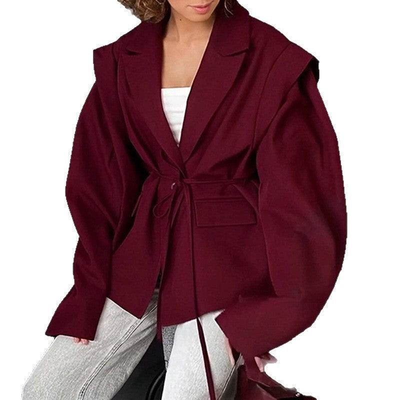 Ladies Tailored Wrap Blazer with Shoulder Pads and Tying Belt Fashion Glam