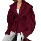 Ladies Tailored Wrap Blazer with Shoulder Pads and Tying Belt Fashion Glam